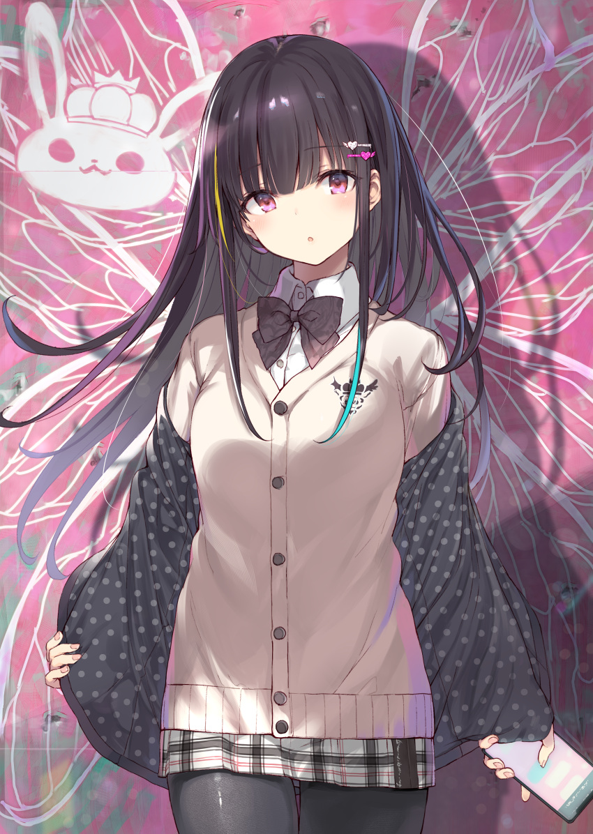 1girl, absurdres, bangs, black_hair, black_legwear, blunt_bangs, blush, bow