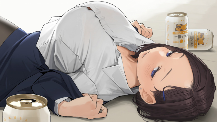 1girl, alcohol, beer, beer_can, black_legwear, blush, breasts, brown_hair