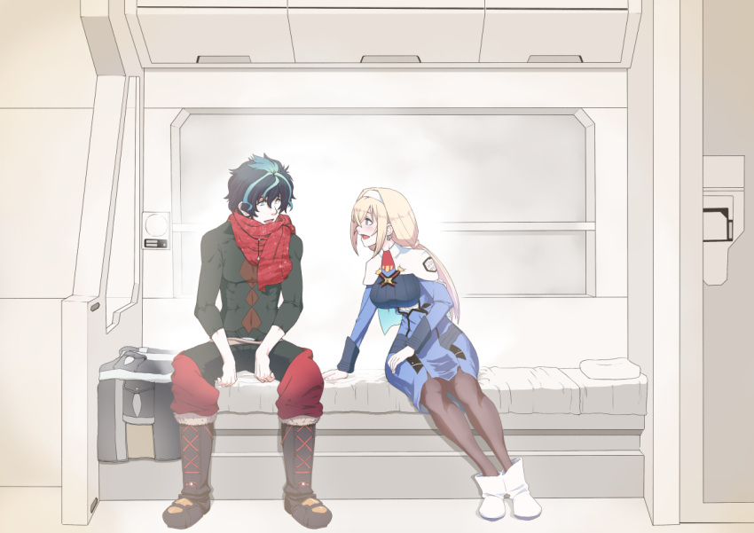 1boy, 1girl, ao-yume, black_hair, blonde_hair, blue_dress, boots, capelet