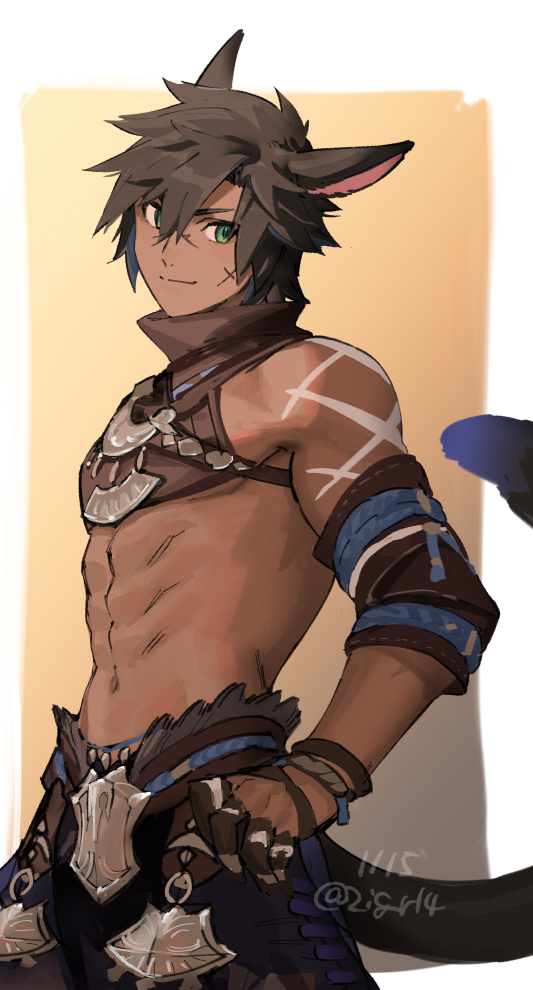 1boy, abs, abstract_background, animal_ears, arm_tattoo, armor, bangs, bare_shoulders, blue_hair, blue_tail, brown_collar, brown_fur, brown_hair, brown_sleeves, brown_tail, cat_boy, cat_tail, closed_mouth, collar, colored_inner_hair, commentary, cowboy_shot, dark-skinned_male, dark_skin, dated, detached_sleeves, eyebrows, eyebrows_behind_hair, final_fantasy, final_fantasy_xiv, fur, fur-trimmed_armor, fur_trim, gradient, gradient_background, green_eyes, hair_between_eyes, hand_on_hip, high_collar, looking_to_the_side, making-of_available, male_focus, medieval, medium_hair, messy_hair, midriff, miqo'te, mn_(zig_r14), multicolored_hair, multicolored_tail, navel, pectoral_peek, plate_armor, scar, scar_on_cheek, scar_on_face, scar_on_nose, shiny, shiny_hair, sidelocks, sideways_glance, simple_background, smile, solo, split_mouth, standing, tail, tattoo, toned, toned_male, tribal, tribal_tattoo, twitter_username, two-tone_hair, white_background, white_tattoo, wristband, yellow_background