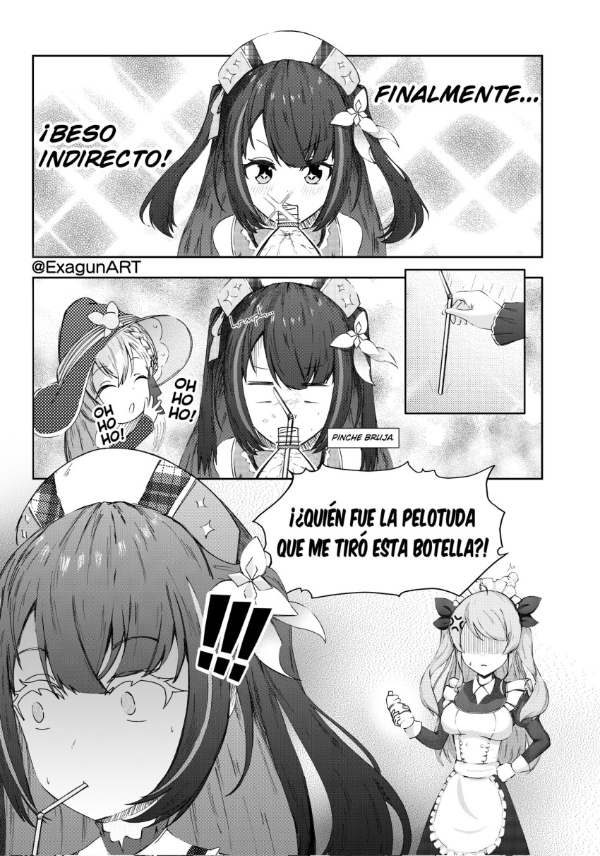 !, !!, 3girls, ^_^, anger_vein, angry, apron, bottle