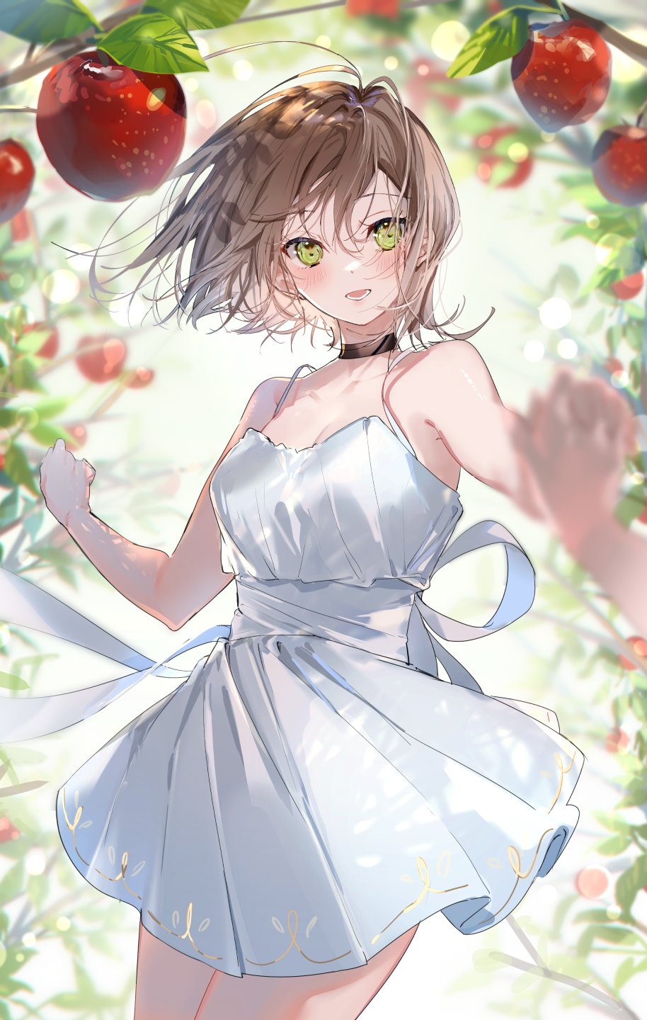 1boy, 1girl, apple, apple_tree, black_choker, blush, brown_hair, choker, commentary_request, dress, eyebrows_visible_through_hair, food, fruit, green_eyes, hair_between_eyes, highres, holding, holding_hands, interlocked_fingers, miwano_ragu, open_mouth, original, out_of_frame, outdoors, short_hair, tree, white_dress