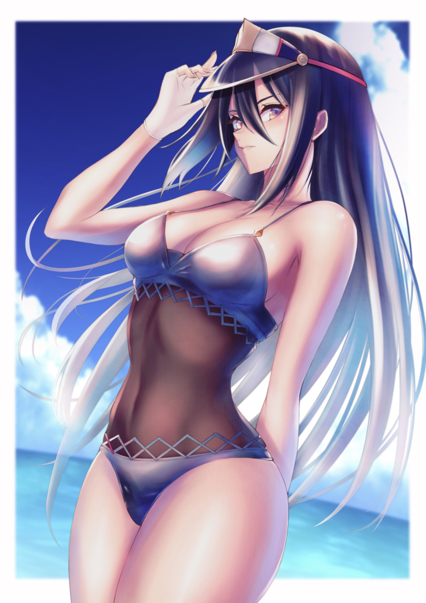1girl, absurdres, arm_behind_head, bikini, black_bikini, black_hair, blue_sky, breasts