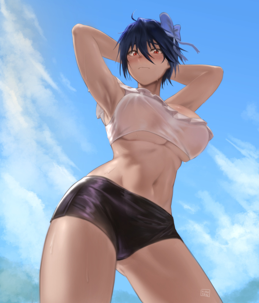 1girl, ass_visible_through_thighs, blue_hair, blush, bow, breasts, commission, crop_top
