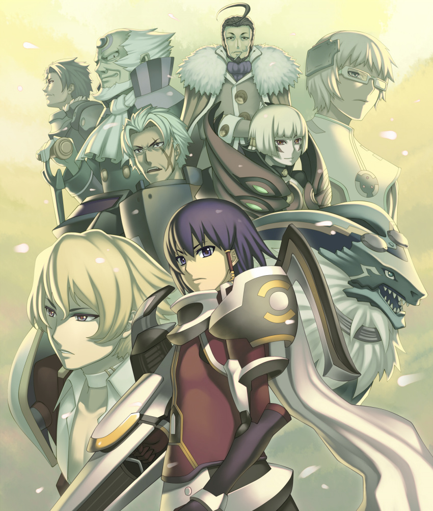 alfman_uranous, ar_tonelico, ar_tonelico_ii, armor, batz_truelywaath, beard, blonde_hair, blue_eyes, blue_hair, brown_hair, candy, cane, cape, chester_lu_whinoah, chroah_vatel, dr._loudness, facial_hair, facial_mark, forehead_jewel, forehead_mark, glasses, gloves, gust, highres, horns, legris_branchesca, lollipop, male, michitaka_ayatane, purple_eyes, red_eyes, scar, scarf, shun_(ar_tonelico), targana, terumii, violet_eyes, weapon, white_hair, wolf
