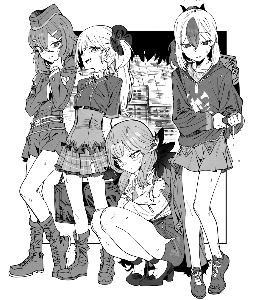 4girls, :d, @_@, aru_(blue_archive), bag, bangs, belt, blue_archive