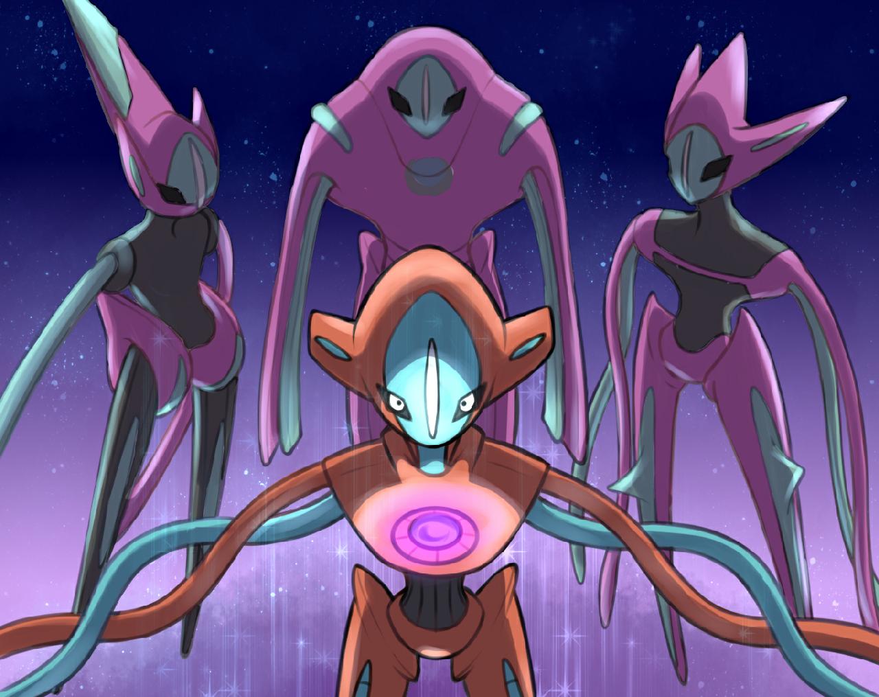alternate_color, black_eyes, commentary_request, deoxys, deoxys_(attack), deoxys_(defense), deoxys_(normal), deoxys_(speed)