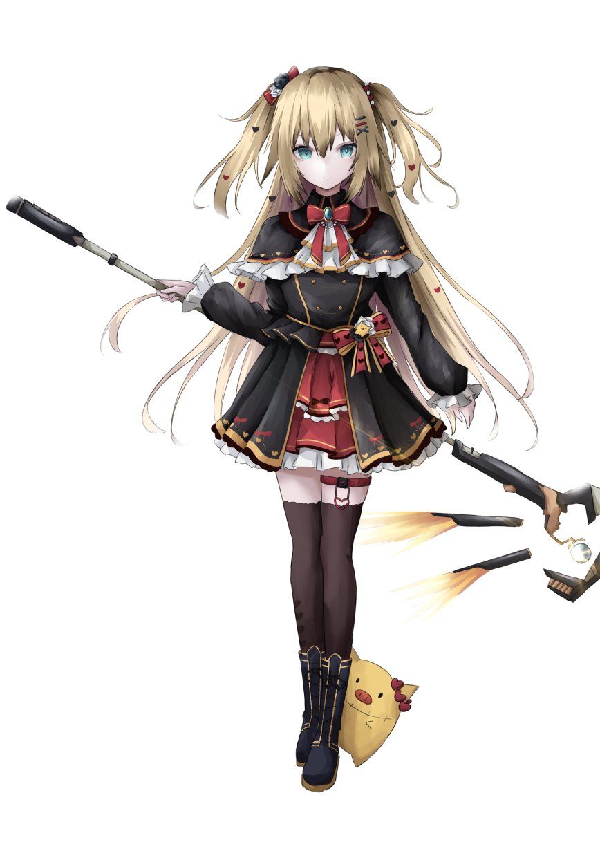 1girl, akai_haato, bangs, black_capelet, black_coat, black_footwear, black_legwear, blonde_hair