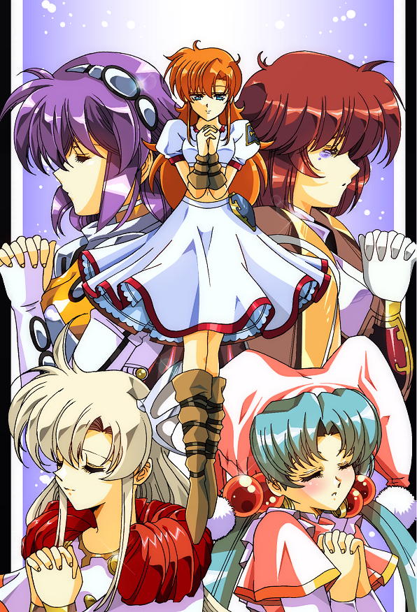 5girls, bangs, blue_eyes, blue_hair, capelet, chris_(langrisser), closed_eyes, crop_top