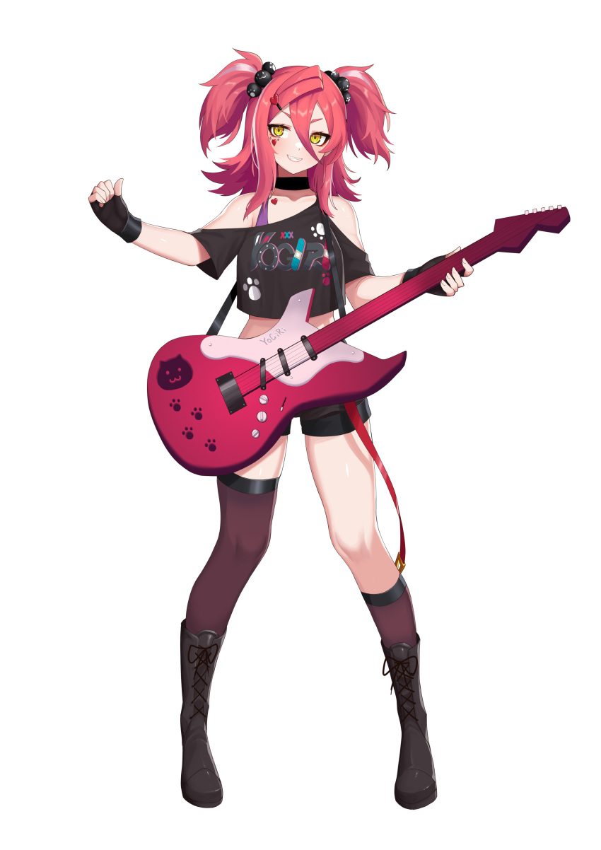 1girl, absurdres, asymmetrical_legwear, bangs, black_choker, black_gloves, black_shirt, black_shorts, boots, brown_legwear, choker, collarbone, fingerless_gloves, full_body, gloves, guitar, hair_between_eyes, hair_ornament, highres, holding, holding_instrument, hololive, hololive_china, instrument, kneehighs, long_hair, looking_at_viewer, midriff, multicolored_hair, music, off-shoulder_shirt, off_shoulder, playing_instrument, print_shirt, redhead, shiny, shiny_hair, shirt, short_shorts, short_sleeves, shorts, silver_hair, simple_background, single_kneehigh, single_thighhigh, solo, standing, stomach, thigh-highs, twintails, two-tone_hair, virtual_youtuber, vol'jin, white_background, yellow_eyes, yogiri_(hololive), z-jun.dd-zhong
