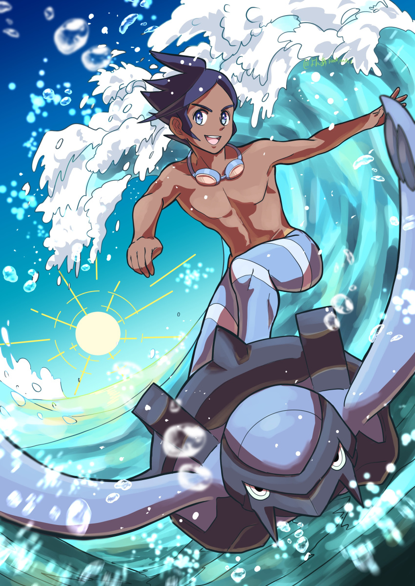 1boy, :d, absurdres, black_hair, blue_eyes, carracosta, commentary_request, dark-skinned_male