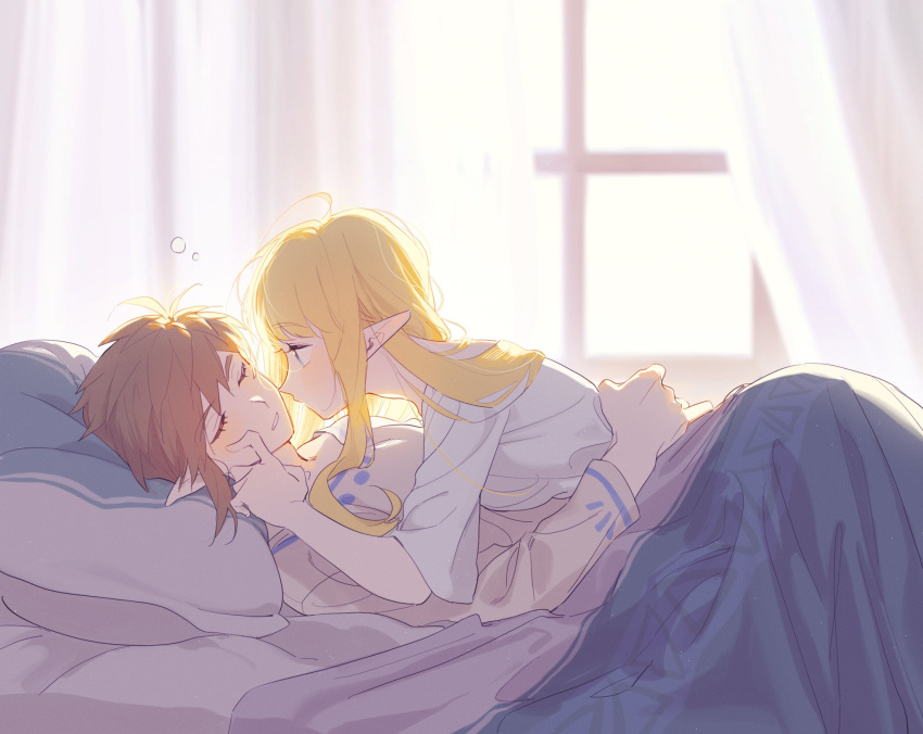 1boy, 1girl, backlighting, bangs, bed, blonde_hair, blue_eyes, brown_hair