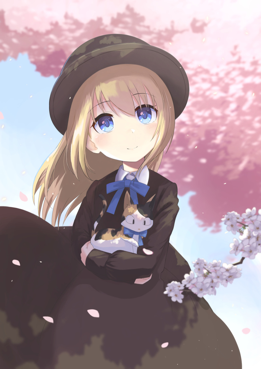1girl, animal, black_dress, blonde_hair, blue_eyes, bow, bowtie, branch
