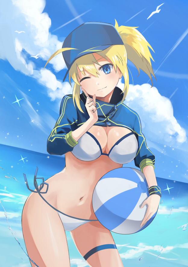 1girl, ;), artoria_pendragon_(fate), ball, baseball_cap, beachball, bird, blonde_hair