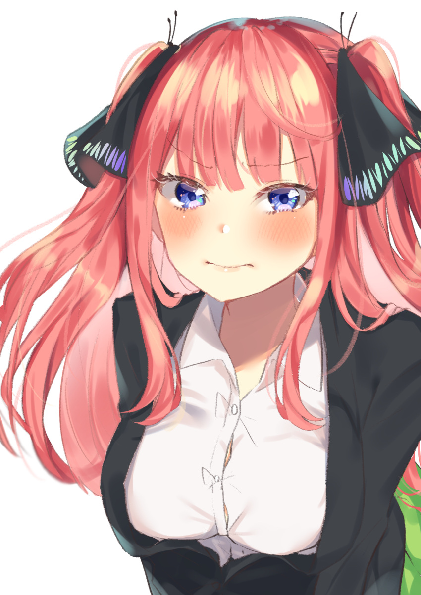 1girl, bangs, black_cardigan, black_ribbon, blue_eyes, blunt_bangs, blush, breasts, butterfly_hair_ornament, cardigan, frustrated, go-toubun_no_hanayome, green_skirt, hair_ornament, highres, kobato_(youyoshi0422), large_breasts, long_hair, looking_at_viewer, nakano_nino, pink_hair, ribbon, shirt, simple_background, skirt, tsundere, twintails, v-shaped_eyebrows, white_background, white_shirt