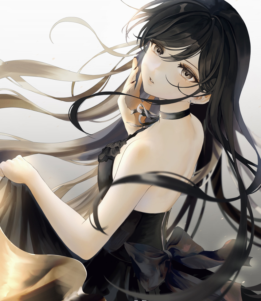1girl, absurdres, aoyagi_tsubaki, bare_arms, black_choker, black_dress, black_hair, brown_eyes