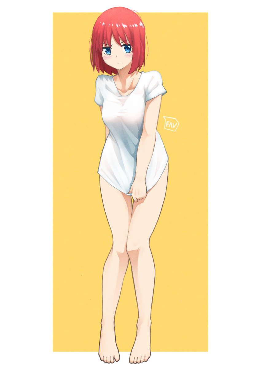 1girl, absurdres, alternate_costume, bangs, bare_legs, barefoot, blue_eyes, blush, breasts, closed_mouth, collarbone, commentary, eyebrows_visible_through_hair, fav_faris, full_body, hair_between_eyes, highres, hisui_(tsukihime), looking_at_viewer, medium_breasts, naked_shirt, no_panties, redhead, shirt, short_hair, short_sleeves, signature, solo, t-shirt, thighs, tsukihime, white_shirt