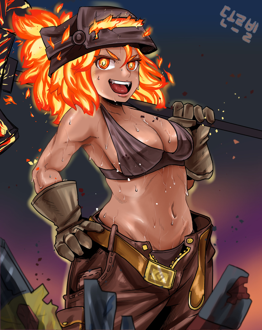 1girl, absurdres, bare_shoulders, blacksmith_(guardian_tales), breasts, brown_pants, dark_skin, fiery_hair, fire, gloves, grin, guardian_tales, hammer, hand_on_hip, highres, holding, holding_hammer, looking_at_viewer, medium_breasts, navel, open_mouth, pants, short_hair, smile, standing, stonescale, sweat, sweatdrop