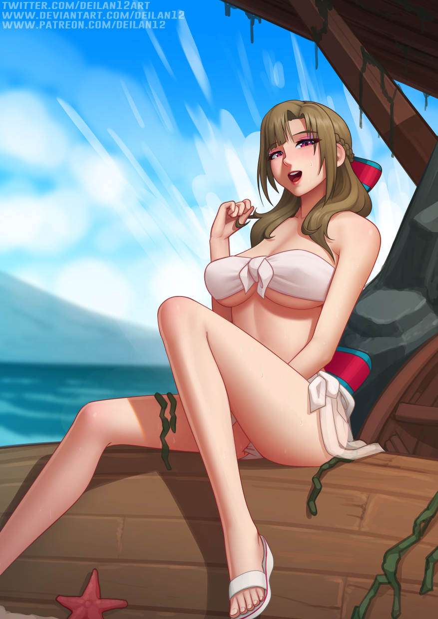 1girl, :d, bikini, breasts, brown_hair, day, deilan12, foot_out_of_frame