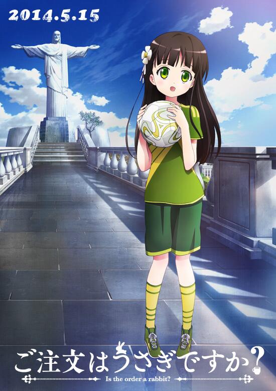 1girl, 2014_fifa_world_cup, :d, ball, bangs, blunt_bangs, brown_hair, christ_the_redeemer