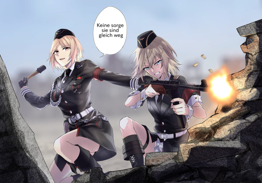 2girls, absurdres, blonde_hair, blue_eyes, boots, combat_boots, commission, english_commentary, explosive, garrison_cap, german_text, girls_frontline, grenade, gun, hat, highres, holding, holding_grenade, holding_gun, holding_weapon, iron_cross, military, military_uniform, mp40_(girls'_frontline), mp41, mp41_(girls'_frontline), multiple_girls, nazi, pixiv_request, submachine_gun, suprii, translation_request, uniform, weapon, yellow_background