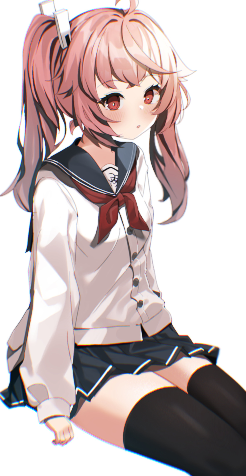 1girl, :o, ahoge, bangs, black_legwear, black_sailor_collar, black_skirt, blue_archive, brown_hair, cardigan, commentary_request, eyebrows_visible_through_hair, highres, looking_at_viewer, lux_(dera_ix), natsu_(blue_archive), neckerchief, parted_lips, pleated_skirt, red_eyes, red_neckwear, sailor_collar, school_uniform, serafuku, simple_background, sitting, skirt, solo, thigh-highs, twintails, white_background, white_cardigan