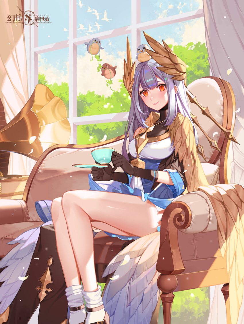 1girl, animal_on_head, armchair, bangs, bird, bird_on_head, black_gloves, blue_dress