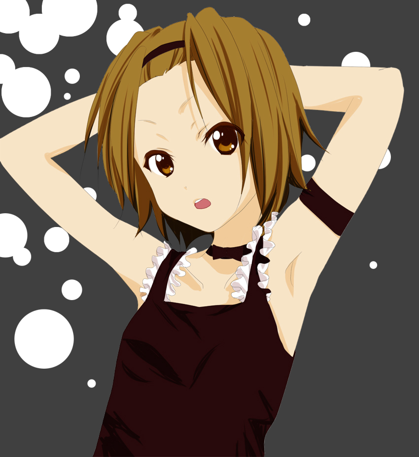 arms_up, brown_eyes, brown_hair, fuwafuwa_time, hairband, headband, k-on!, moutiko