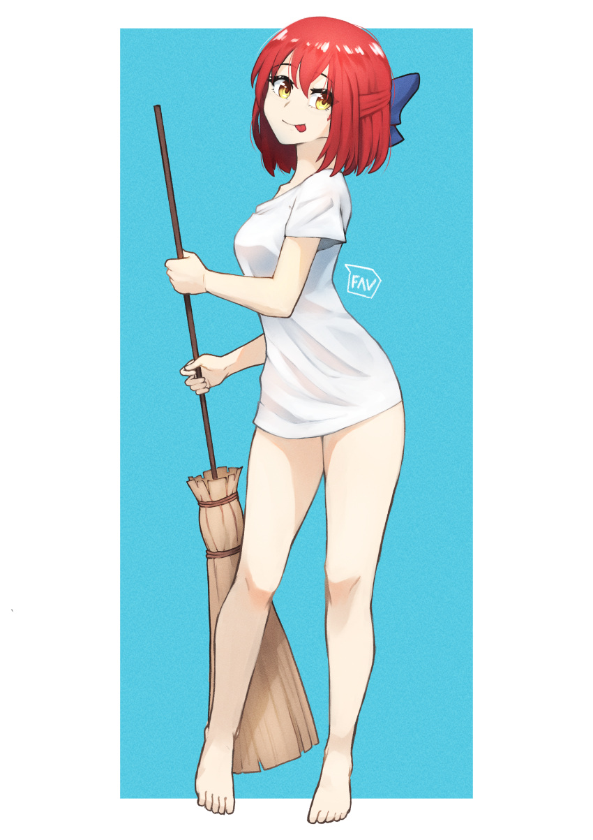 1girl, absurdres, alternate_costume, bamboo_broom, bangs, bare_legs, barefoot, blue_bow, bow, breasts, broom, commentary, eyebrows_visible_through_hair, fav_faris, full_body, hair_between_eyes, hair_bow, half_updo, highres, holding, holding_broom, kohaku_(tsukihime), looking_at_viewer, medium_breasts, naked_shirt, no_panties, redhead, shirt, short_sleeves, signature, solo, t-shirt, thighs, tongue, tongue_out, tsukihime, white_shirt, yellow_eyes