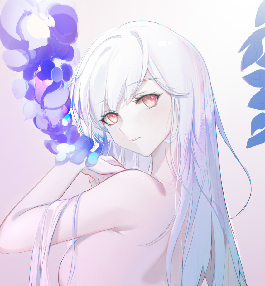 1girl, bangs, breasts, highres, long_hair, looking_at_viewer, looking_to_the_side, medium_breasts, nana895, nude, open_mouth, original, portrait, purple_background, red_eyes, sideboob, simple_background, solo, teeth, white_hair