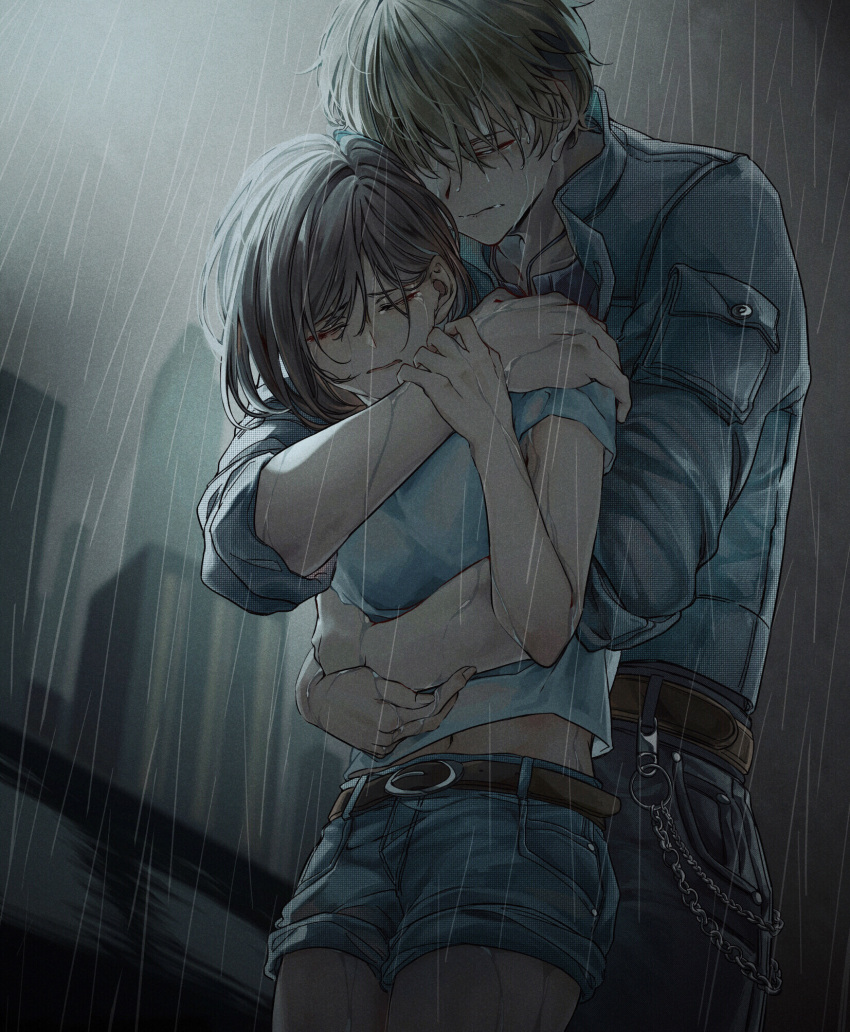 1boy, 1girl, bangs, belt, belt_buckle, blue_jacket, blue_pants, blue_shirt, blue_shorts, brown_hair, buckle, closed_eyes, closed_mouth, crying, grey_sky, highres, hug, hug_from_behind, jacket, long_hair, luke_pearce_(tears_of_themis), navel, outdoors, pants, rain, rosa_(tears_of_themis), shirt, short_hair, short_sleeves, shorts, tears, tears_of_themis, tower, vvvviio, water_drop, wet, wet_clothes, wet_hair