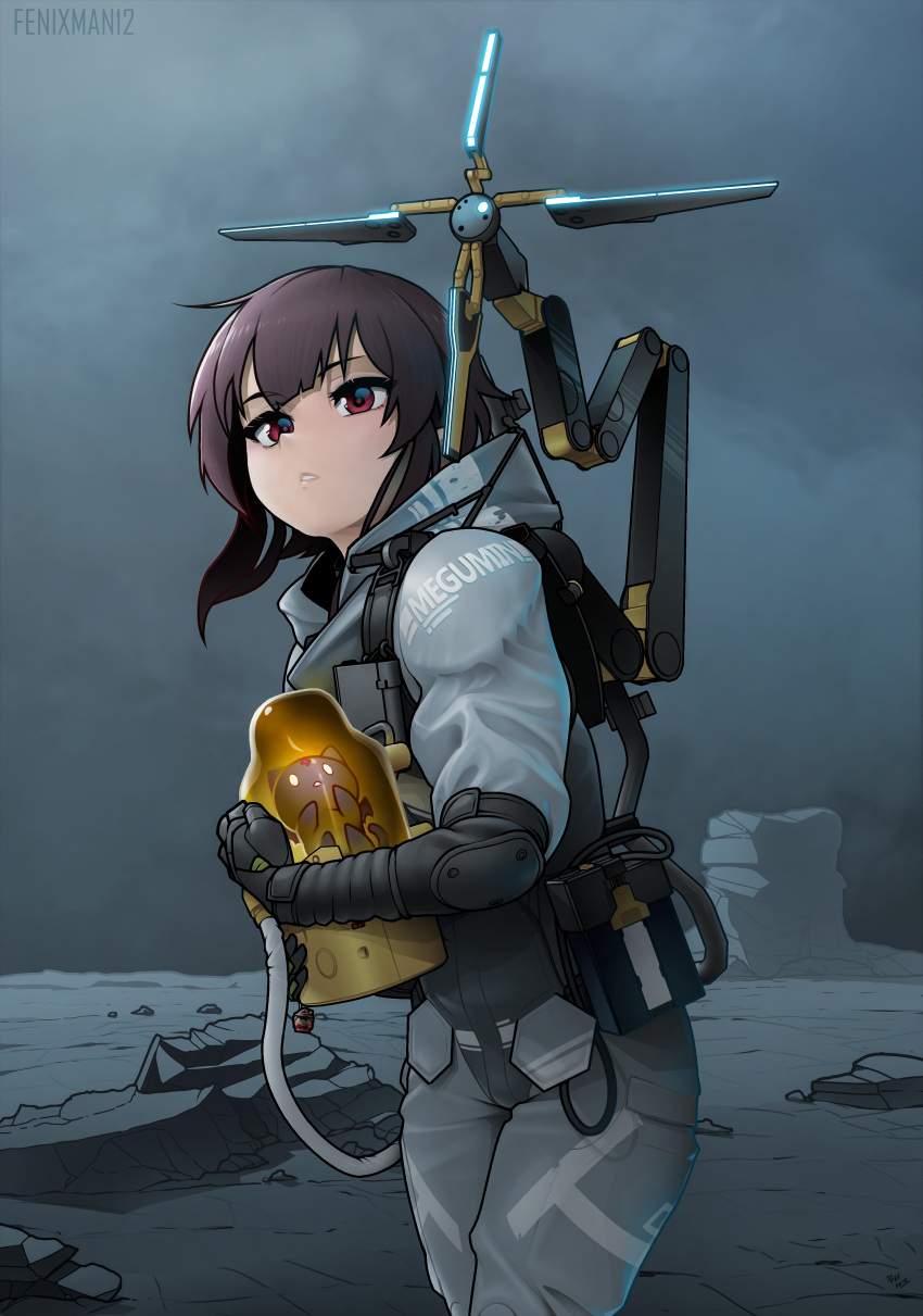 1girl, 1other, absurdres, alternate_costume, bb-28, bb-28_(cosplay), brown_hair, cat, chomusuke, cosplay, death_stranding, fenixman12, highres, holding, jumpsuit, kono_subarashii_sekai_ni_shukufuku_wo!, looking_afar, megumin, odradek, parody, parted_lips, red_eyes, sam_porter_bridges, sam_porter_bridges_(cosplay), short_hair_with_long_locks, standing, tube