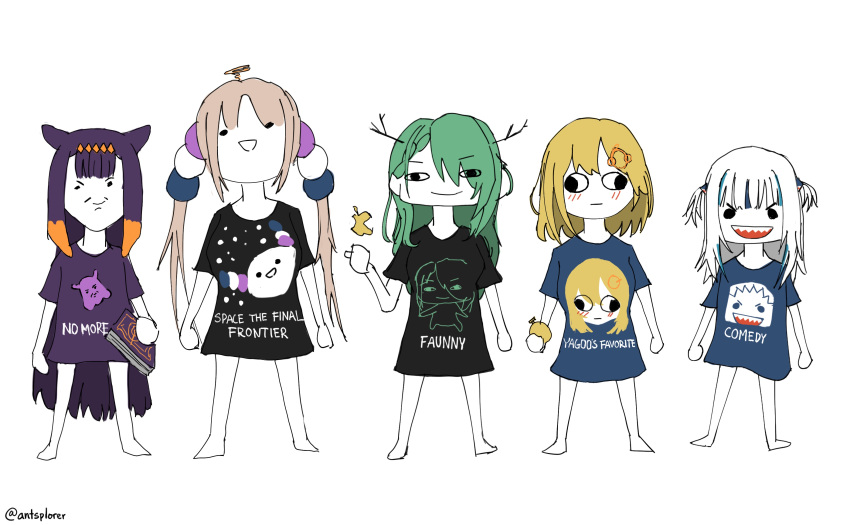 <o>_<o>, ._., 5girls, :d, :|, absurdres, antlers, antsplorer, artist_name, bangs, black_shirt, blonde_hair, blue_hair, blunt_bangs, blush, book, branch, ceres_fauna, closed_mouth, commentary, cross-eyed, english_commentary, english_text, eyebrows_visible_through_hair, facial_hair, full_body, gawr_gura, gradient_hair, green_hair, hair_ornament, highres, holding, holding_book, holding_pocket_watch, hololive, hololive_english, limiter_(tsukumo_sana), long_hair, looking_at_viewer, medium_hair, monocle_hair_ornament, multicolored_hair, multiple_girls, mustache, ninomae_ina'nis, orange_hair, planet_hair_ornament, pocket_watch, purple_hair, purple_skirt, shark_hair_ornament, shirt, sidelocks, silver_hair, simple_background, sketch, skirt, smile, smirk, standing, streaked_hair, t-shirt, tentacle_hair, tentacles, tsukumo_sana, twintails, twitter_username, two_side_up, very_long_hair, virtual_youtuber, watch, watson_amelia, white_background