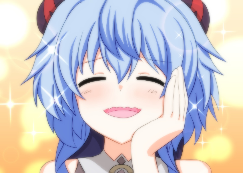 1girl, absurdres, bare_shoulders, blue_hair, blush, closed_eyes, commentary_request, eyebrows_visible_through_hair, ganyu_(genshin_impact), genshin_impact, goat_horns, hand_on_own_face, highres, horns, long_hair, miricia, open_mouth, solo, upper_body