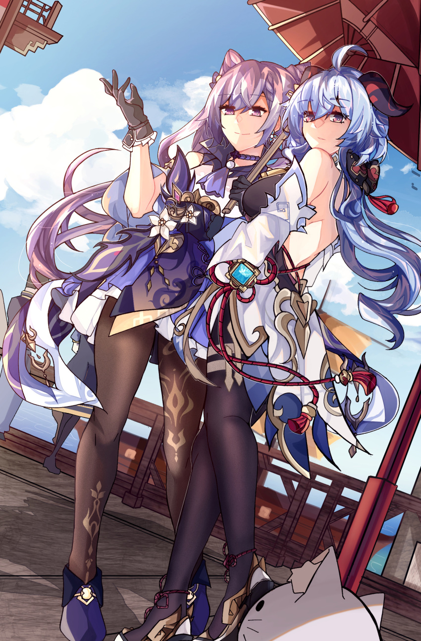 2girls, absurdres, ahoge, back, backless_outfit, bangs, bare_shoulders, bell