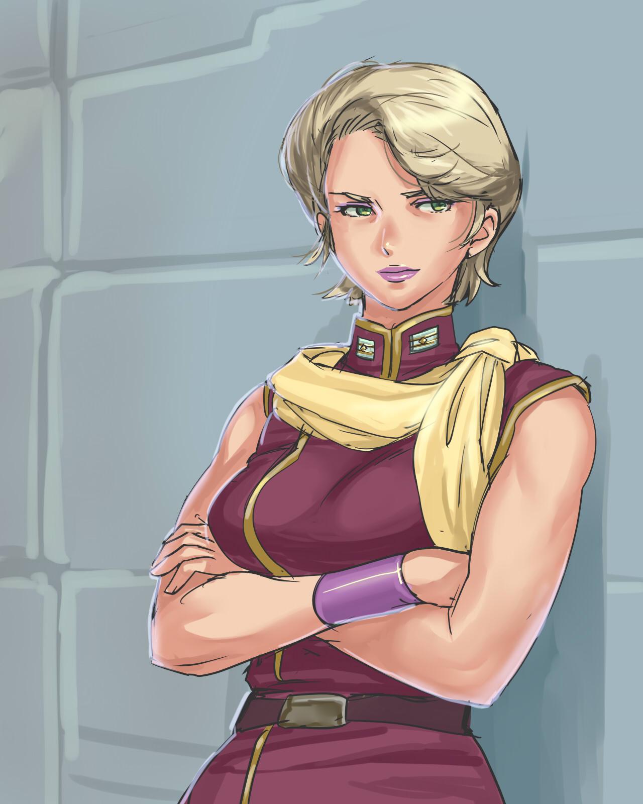 1girl, blonde_hair, breasts, closed_mouth, crossed_arms, green_eyes, gundam, highres