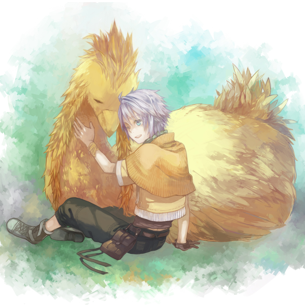 chocobo, final_fantasy, final_fantasy_xiii, hope_estheim, shinono, silver_hair, wink
