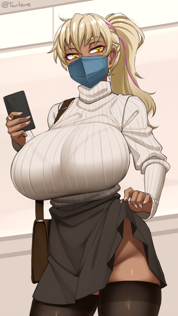 1girl, bag, black_legwear, black_skirt, blonde_hair, breasts, cellphone, clothes_lift, cowboy_shot, dark-skinned_female, dark_skin, earrings, eyebrows_visible_through_hair, highres, huge_breasts, jewelry, lifted_by_self, long_hair, long_sleeves, looking_at_viewer, mask, mouth_mask, multicolored_hair, no_panties, original, phone, pink_hair, ponytail, ribbed_sweater, ring, skirt, skirt_lift, smartphone, solo, streaked_hair, sweater, swimsuit, thigh-highs, turtleneck, turtleneck_sweater, twitter_username, two-tone_hair, twrlare, white_swimsuit, yellow_eyes