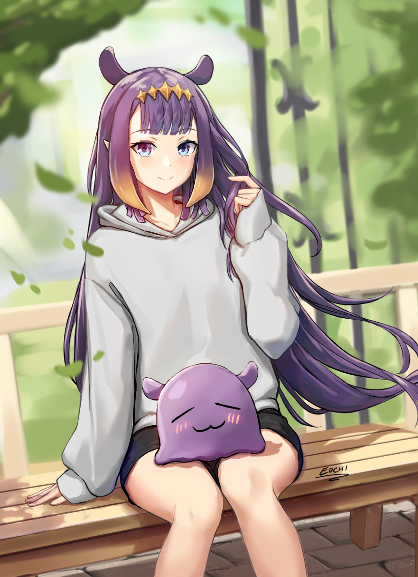 1girl, absurdres, bangs, bench, black_shorts, blue_eyes, blunt_bangs, blurry, commentary, depth_of_field, edchi, english_commentary, gradient_hair, highres, holding, holding_hair, hololive, hololive_english, hood, hoodie, leaves_in_wind, long_hair, looking_at_viewer, multicolored_hair, ninomae_ina'nis, orange_hair, pointy_ears, purple_hair, short_shorts, shorts, sitting, solo, tako_(ninomae_ina'nis), tentacle_hair, tentacles, very_long_hair, virtual_youtuber, white_hoodie, wooden_bench