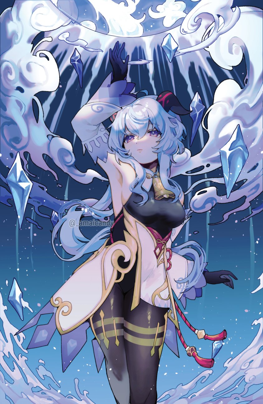 amai_(_amaicandy), arm_up, armpits, bangs, bell, black_gloves, black_legwear, blue_hair