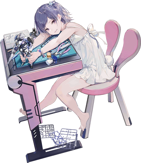 1girl, bangs, barefoot, bracelet, chair, desk, dress, full_body
