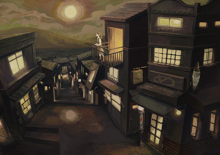 barber_pole, faux_traditional_media, kumaori_jun, light, moon, moonlight, night, original, perspective, reflection, scenery, school_uniform, solo, street, town