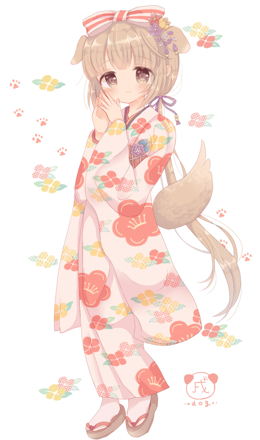 1girl, animal_ears, bow, brown_eyes, brown_hair, dog_ears, dog_tail, eyebrows_visible_through_hair