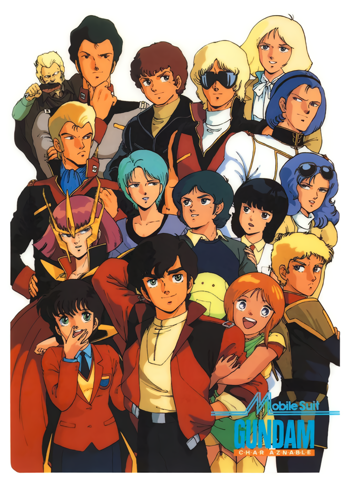 1980s_(style), 6+boys, 6+girls, amuro_ray, aqua_hair, arm_behind_head, arm_hug, arm_up