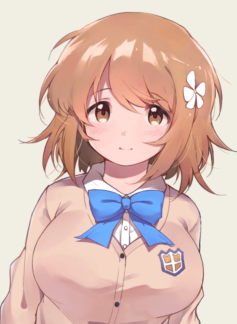 1girl, bangs, blue_bow, blush, bow, bowtie, breasts, brown_eyes