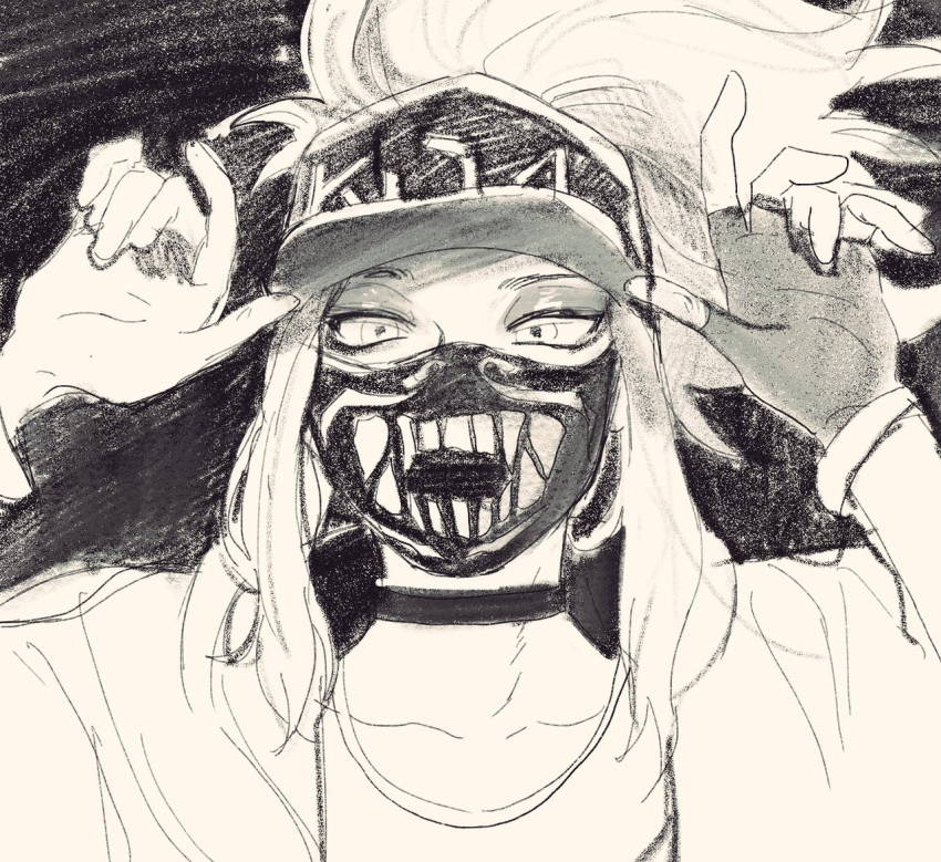 1girl, akali, arms_up, baseball_cap, choker, eyeshadow, fingerless_gloves, gloves