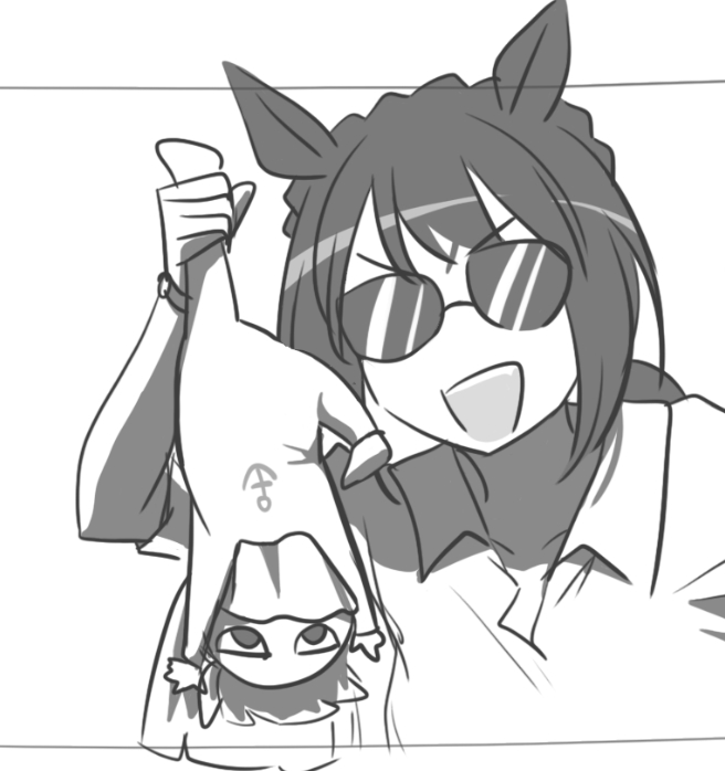 2girls, animal_ears, baby, collared_shirt, greyscale, holding_another's_leg, horse_ears, horse_girl