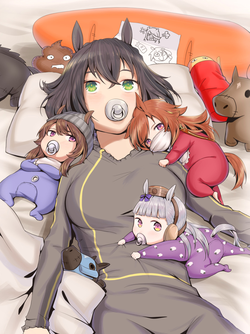 4girls, absurdres, anger_vein, animal_ears, baby, beanie, bib, black_hair
