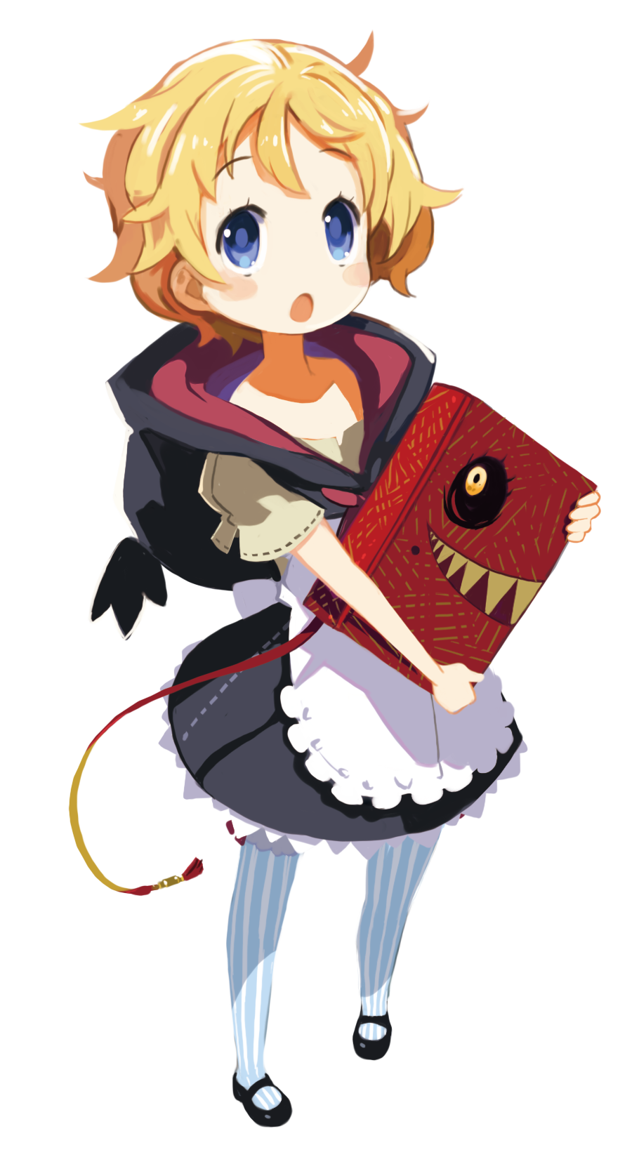 1girl, :o, blonde_hair, blue_eyes, book, full_body, harada_takehito, highres, holding, holding_book, luca_(coven), official_art, open_mouth, refrain_no_chika_meikyuu_to_majo_no_ryodan, short_hair, simple_background, skirt, solo, striped, striped_legwear, transparent_background, vertical-striped_legwear, vertical_stripes, youro_rekitei