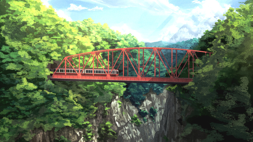 absurdres, bridge, clouds, commentary_request, day, forest, ground_vehicle, highres